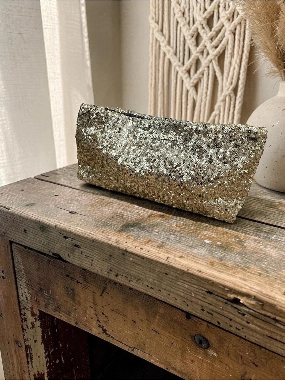 Victoria’s Secret Gold Sequin Shiny Clutch/Cosmetic Bag.